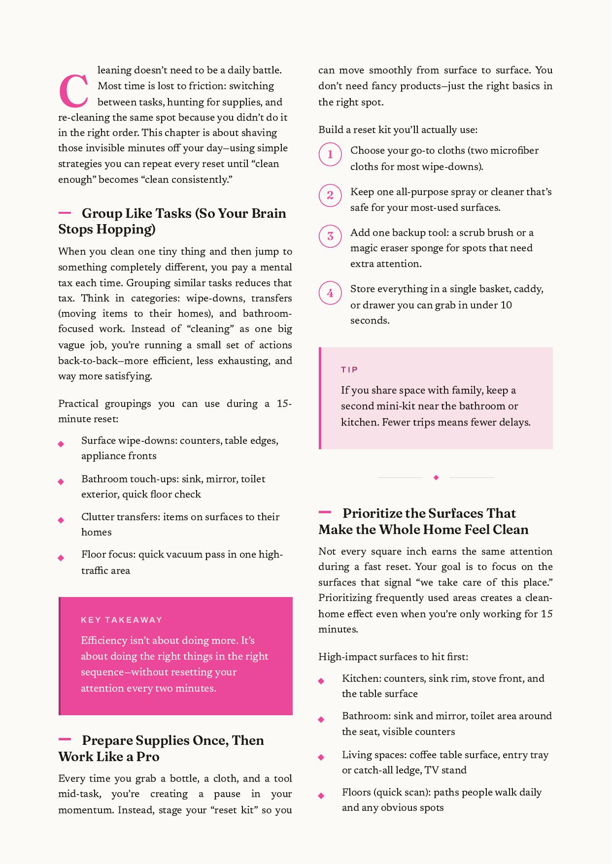 Inside page: group similar tasks and prepare your reset kit