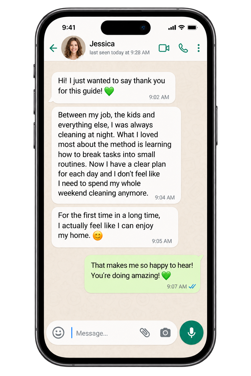 Illustrative chat conversation: Less Cleaning Overwhelm